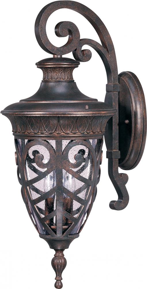 3-Light Large Outdoor Wall Lantern (Arm Down) in Dark Plum Bronze Finish and Clear Seeded Glass