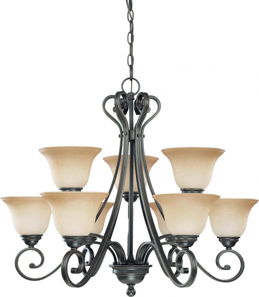 9-Light 2-Tier Chandelier in Sudbury Bronze Finish with Champagne Linen Glass