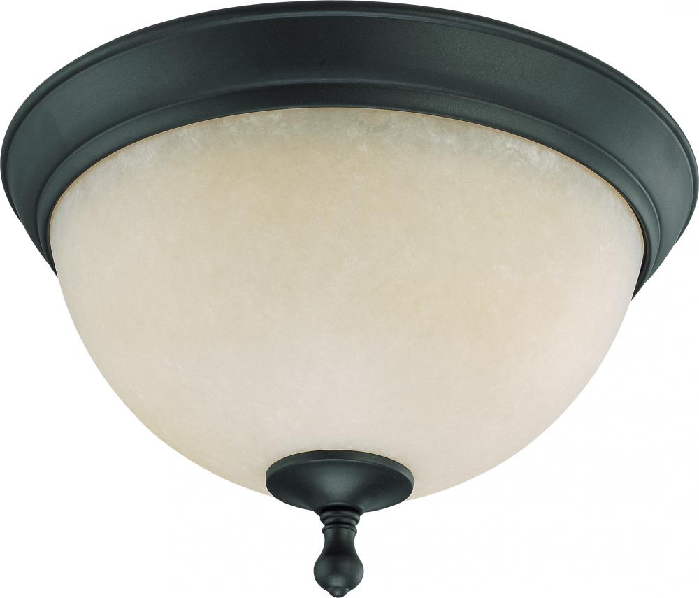 2-Light Medium Flush Mount Ceiling Light in Aged Bronze Finish with Biscotti Glass