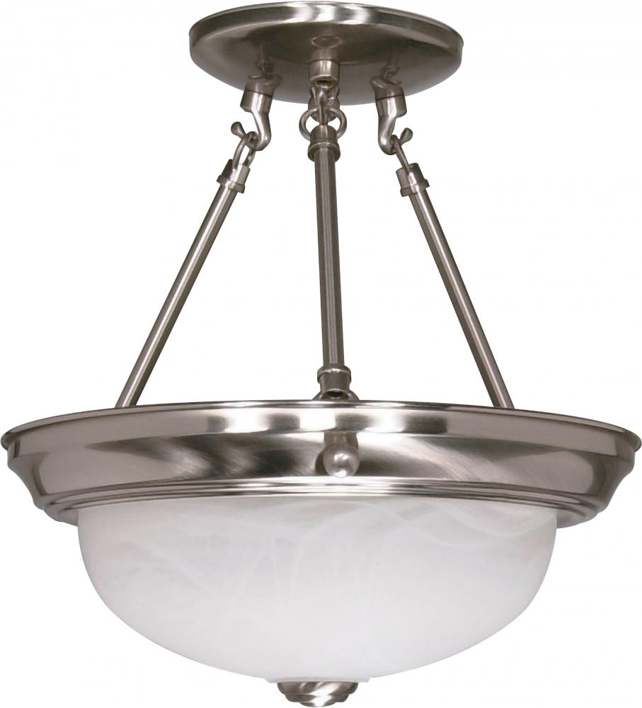 2-Light Small Semi Flush Light Fixture in Brushed Nickel Finish with Alabaster Glass and (2) 13W