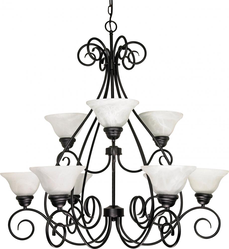 2-Tier 9-Light Textured Flat Black Chandelier with Alabaster Swirl Glass