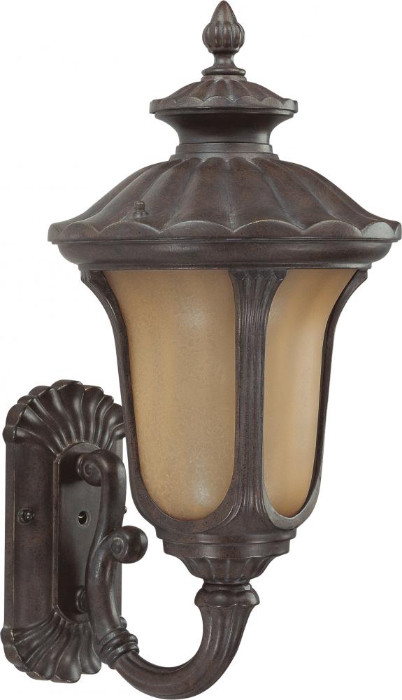 1-Light Medium Outdoor Wall Lantern (Arm Up) with Photocell in Fruitwood Finish with Sienna Glass