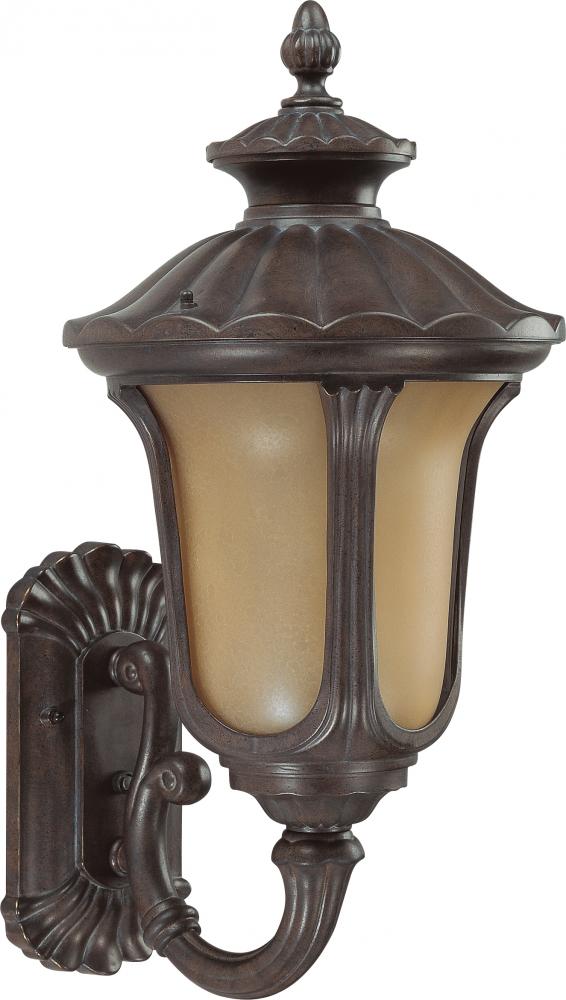 1-Light Small Outdoor Wall Lantern (Arm Up) with Photocell in Fruitwood Finish with Sienna Glass and