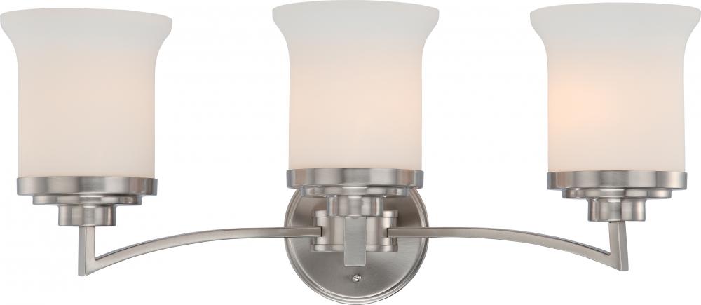 3-Light Vanity Light Fixture in Brushed Nickel Finish with White Satin Glass