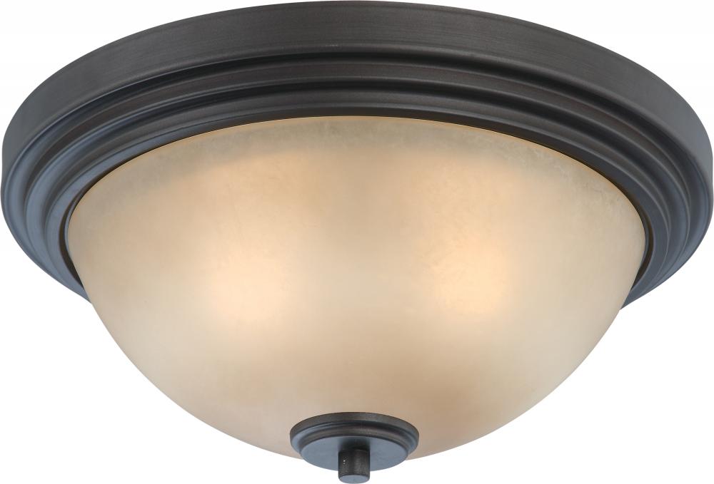 2-Light Flush Mount Lighting Fixture in Dark Chocolate Bronze Finish with Saffron Glass