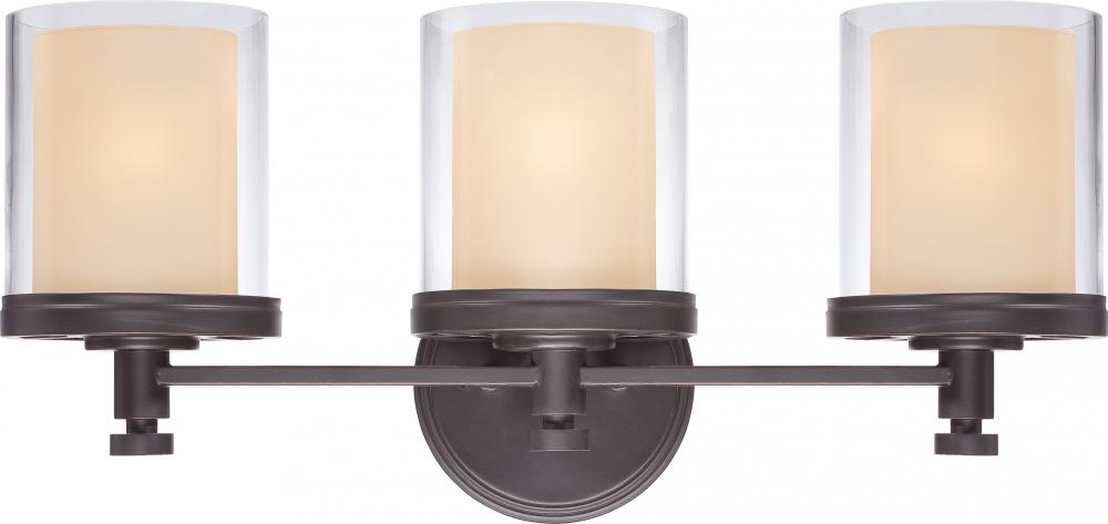 3-Light Vanity Light Fixture in Sudbury Bronze Finish with Clear Outer & Cream Inner Glass