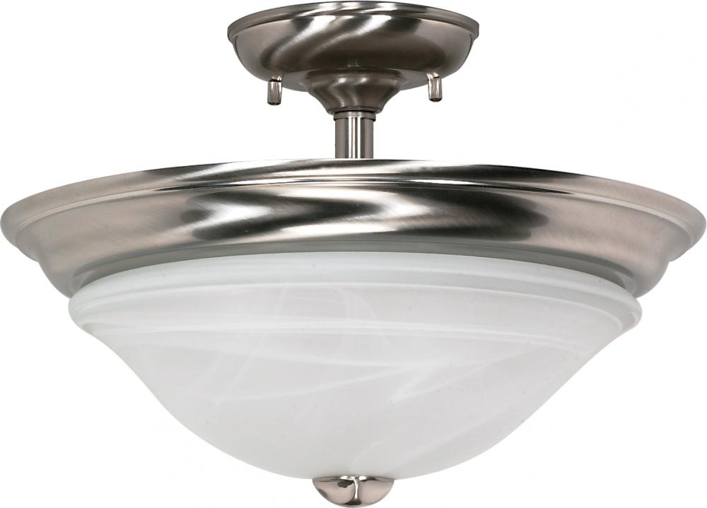 2-Light Dome Semi Flush Mount Lighting Fixture in Brushed Nickel Finish with Alabaster Glass and (2)