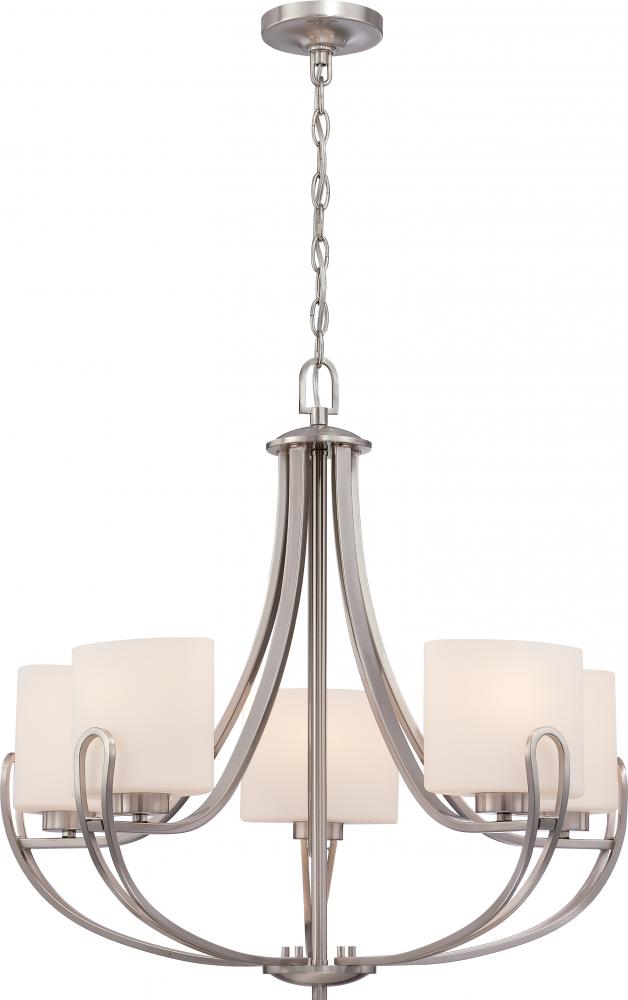 5-Light Chandelier in Brushed Nickel with Etched Opal Glass