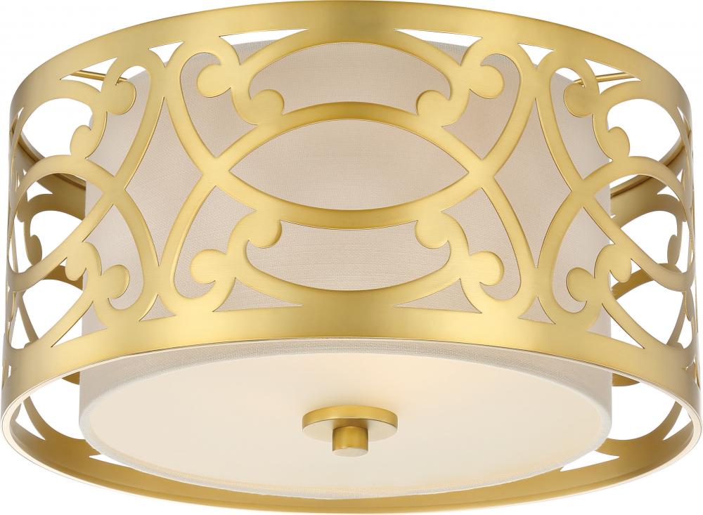 Filigree - 2 Light Flushwith Beige Linen Shade - Natural Brass Finish