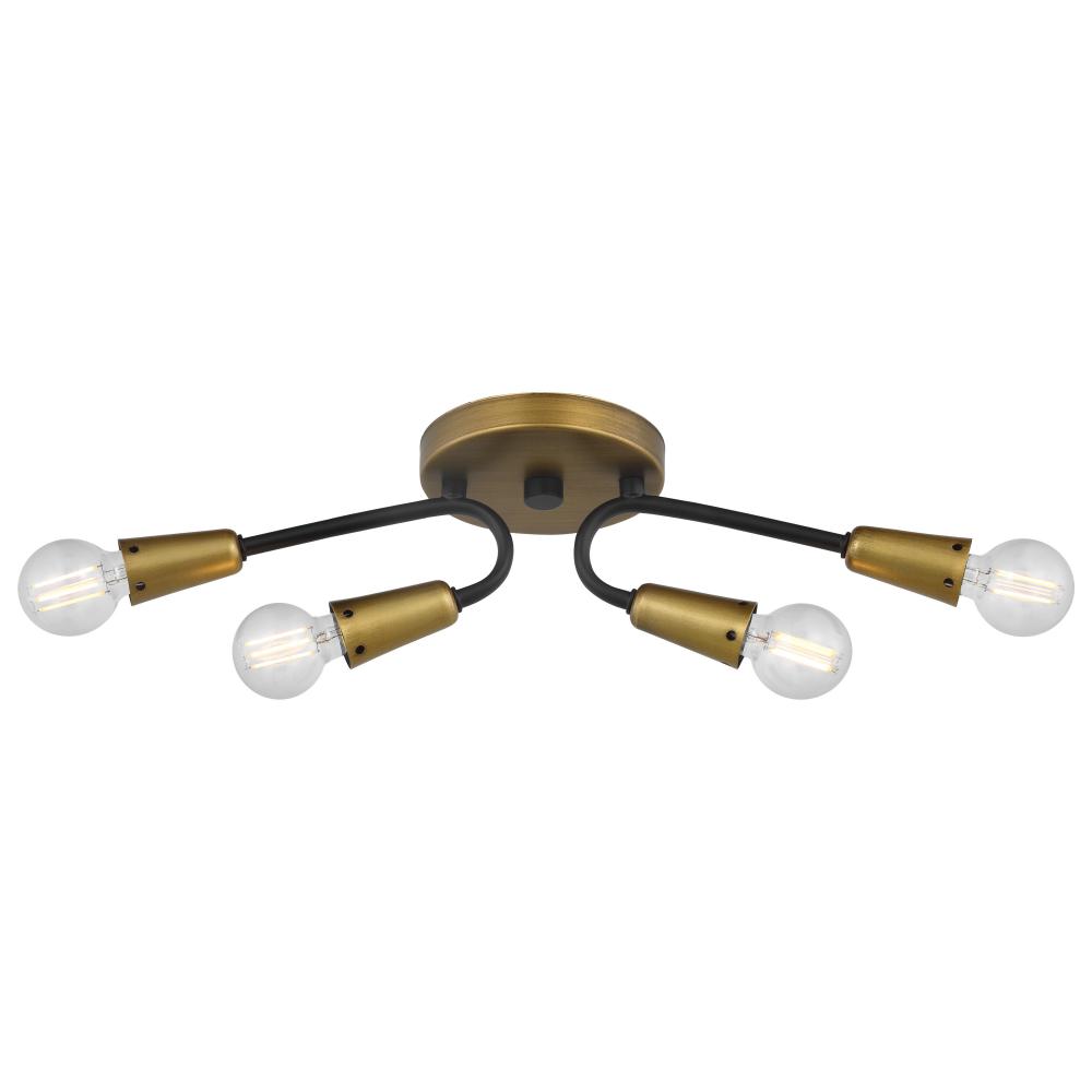 Isle; 4 Light Semi Flush Mount; Candelabra Base; 60 Watt; Black And Natural Brass Finish