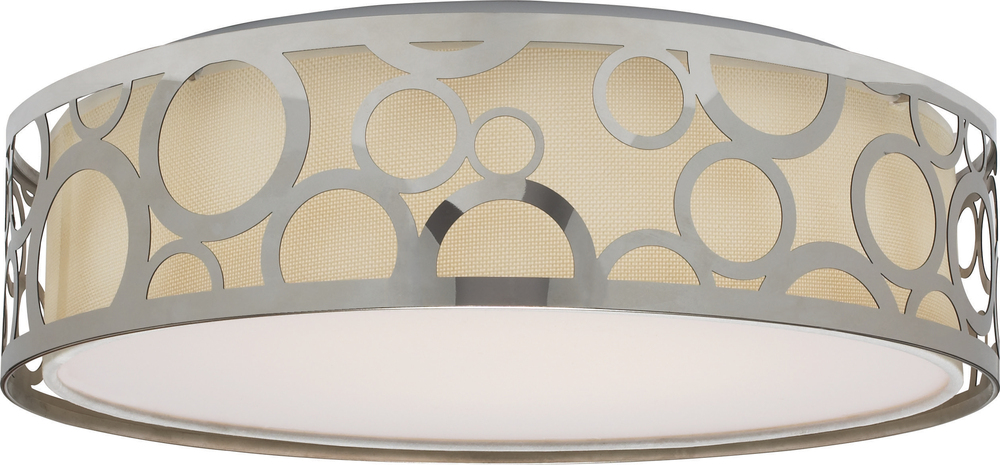 15" Filigree LED Decor Flush Mount Fixture - Polished Nickel Finish - White Fabric Shade