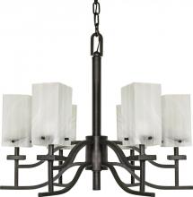 Nuvo 60/000 - 6-Light 26" Textured Black Flush Chandelier with Alabaster Swirl Glass