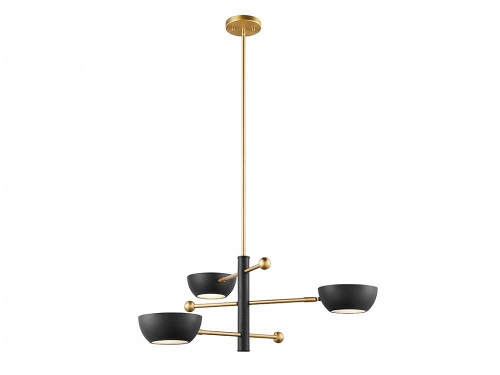 3-Light Chandelier in Matte Black and Natural Brass