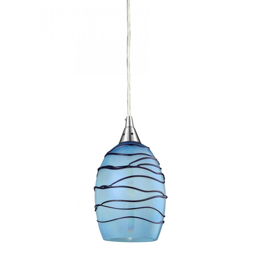 Vines 5'' Wide 1-Light Pendant - Satin Nickel with Blue Glass